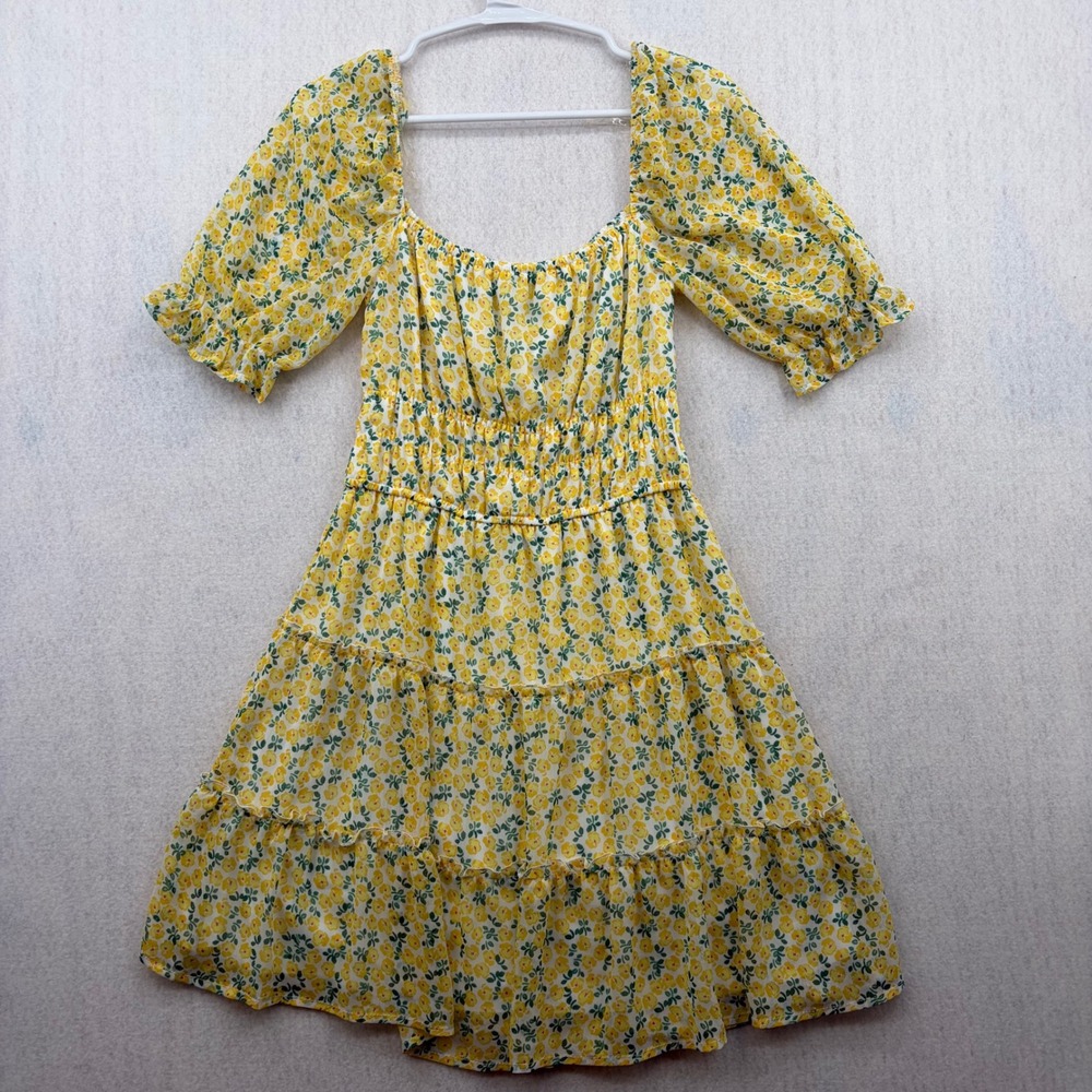 Trixxi Clothing Company Yellow Floral Smocked Tiered Mini Dress 26X087FENI Small